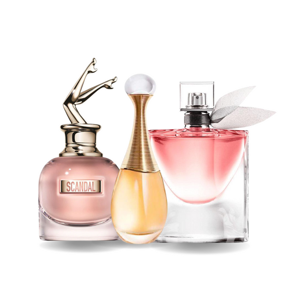 Pachet promoțional 3 parfumuri: Jean Paul Gaultier SCANDAL, Dior J'ADORE și Lancôme LA VIE EST BELLE 100ml
