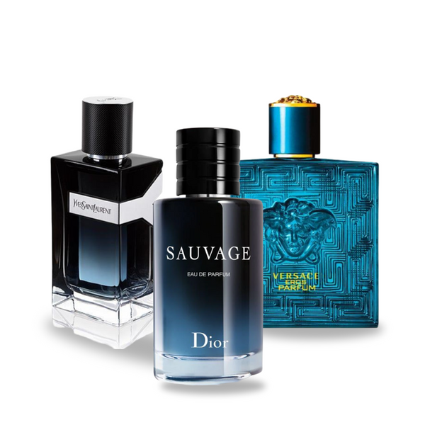 Pachet promoțional 3 parfumuri: Dior SAUVAGE, Yves Saint Laurent Y MEN și Versace EROS 100ml