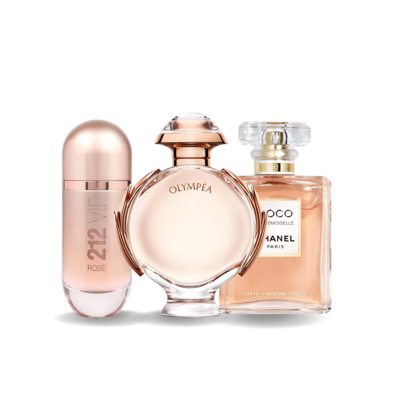 Pachet promoțional 3 parfumuri: Carolina Herrera 212 VIP ROSÉ, Paco Rabanne OLYMPÉA și Chanel COCO MADEMOISELLE 100ml