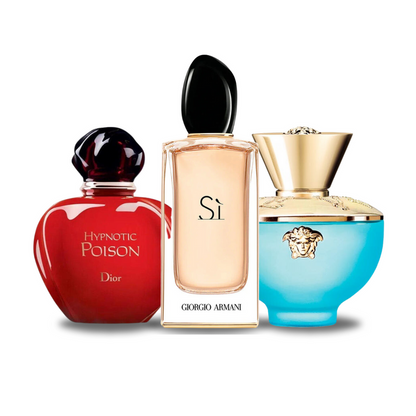 Pachet promoțional 3 parfumuri Dior HYPNOTIC POISON, Giorgio Armani SÌ și Versace DYLAN TURQUOISE 100ml